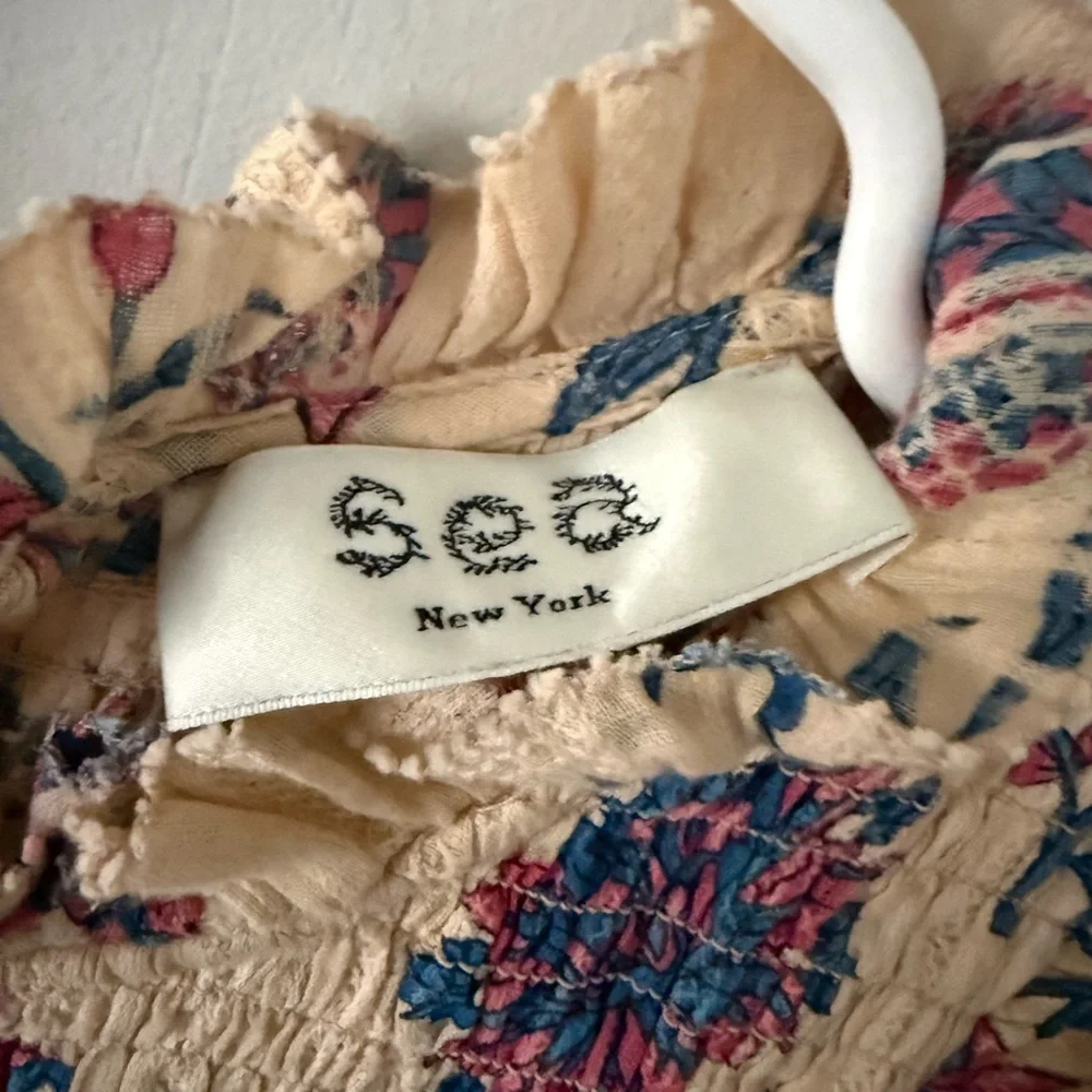 Sea New York Beige Floral Maxi Dress with Ruffle Shoulder mock neck 100% cotton - Picture 4 of 8